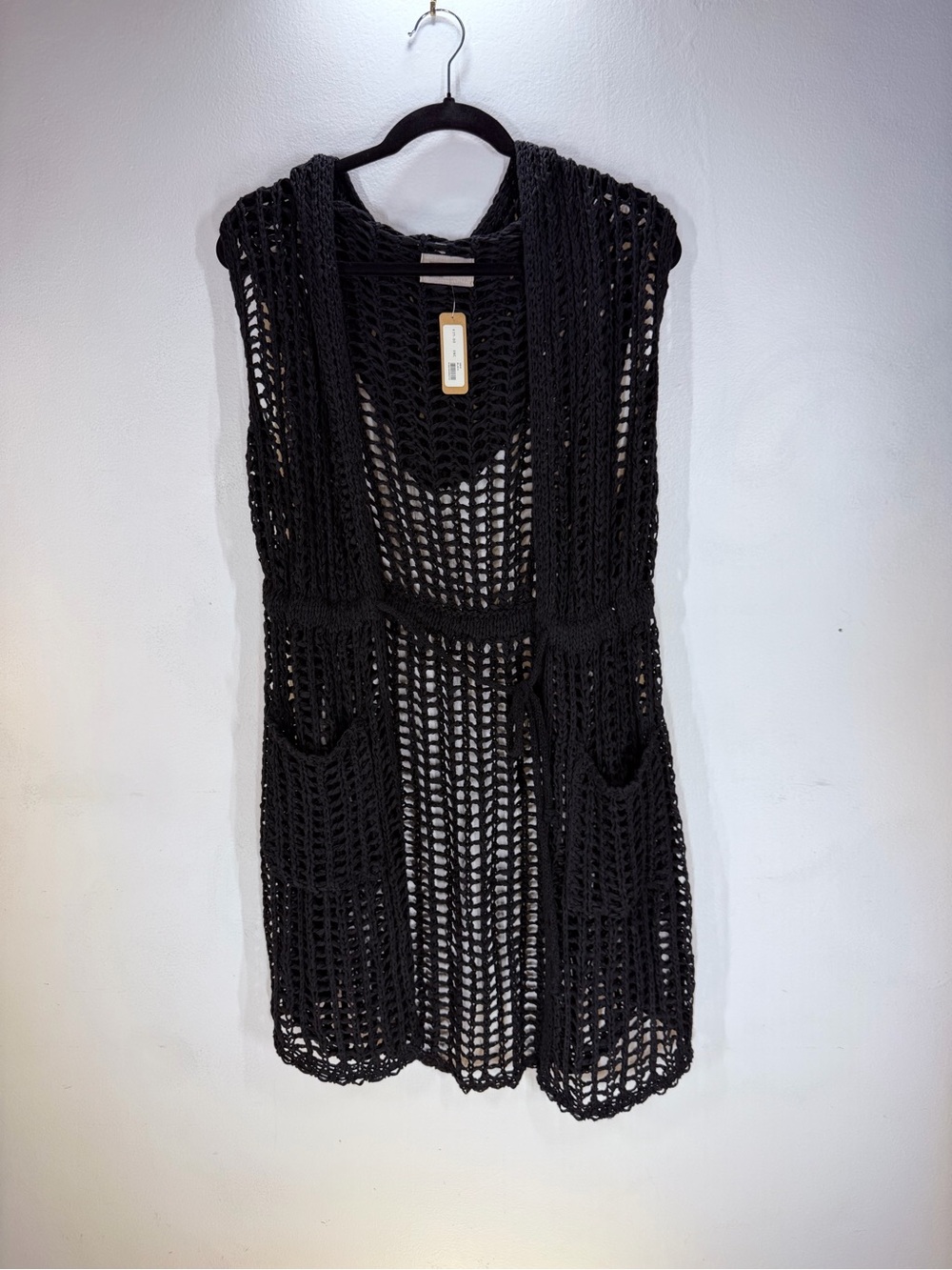 LOOK Loft By M Black Open Knit Hooded Duster Vest Festival Boho